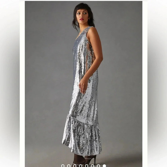 Anthropologie Maeve One-Shoulder Silver Sequin Formal Dress Size Small S NWT - Picture 7 of 8
